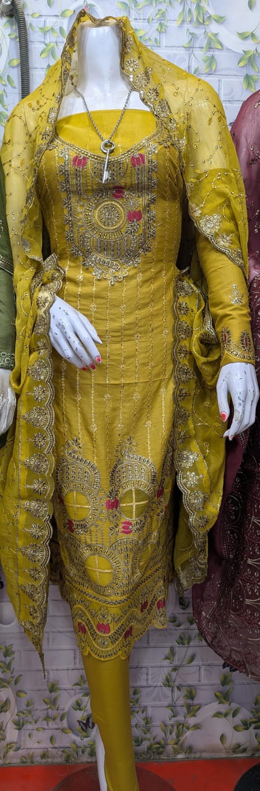3-Piece Embroidered Suit with Sequin Work & Cutwork Chiffon Dupatta
