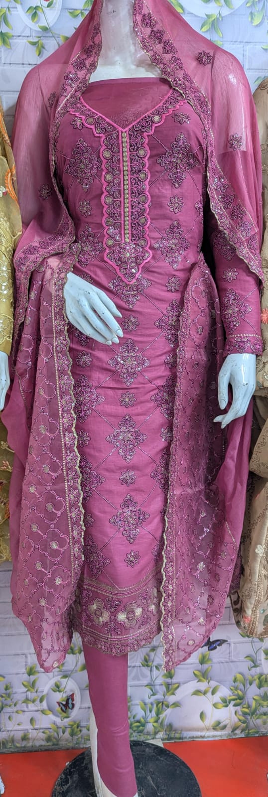 3-Piece Embroidered Suit with Sequin Work & Cutwork Chiffon Dupatta