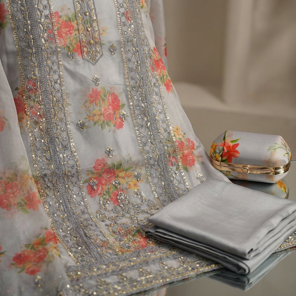 Create a high-resolution, studio shot of the 'Maya By DR Organza G' shirt set, featuring a close-up of the beautifully handcrafted stone work and intricate full-hand embroidery on the organza shirt. Use softbox lighting to enhance the delicate textures and