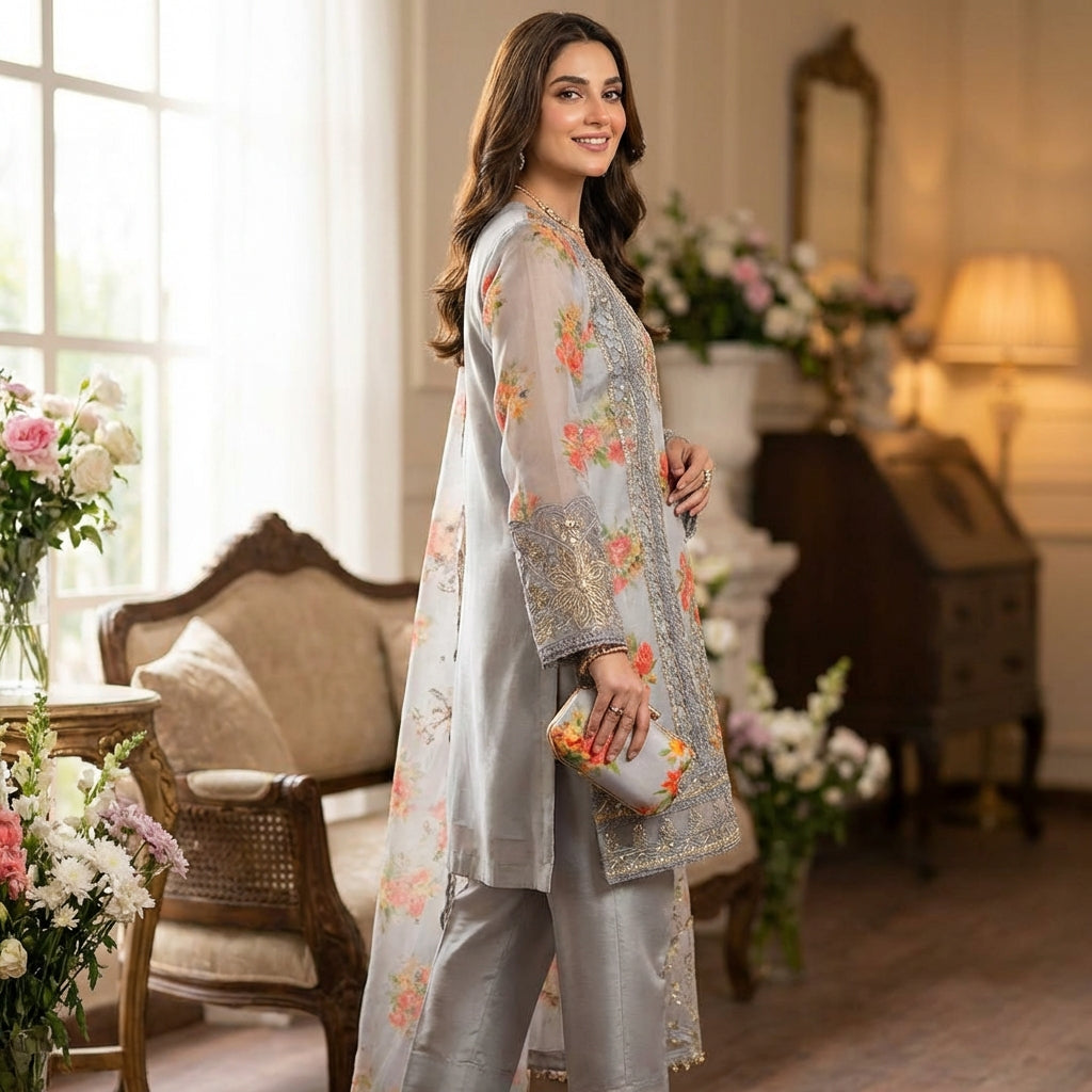 Design a vibrant lifestyle image of a model wearing the 'Maya By DR Organza G' outfit in a classy indoor setting, illuminated by diffused daylight to emphasize the transparent, airy quality of the organza fabric. Capture in a full-body shot at a slight sid