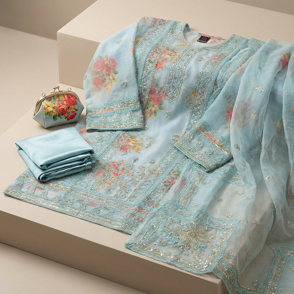 Create a luxurious, high-resolution image of the 'Maya By DR Organza' ensemble displayed on a sophisticated, neutral-toned background with soft, diffused daylight studio lighting that highlights the intricate stone work and heavy embroidery details. Use a 