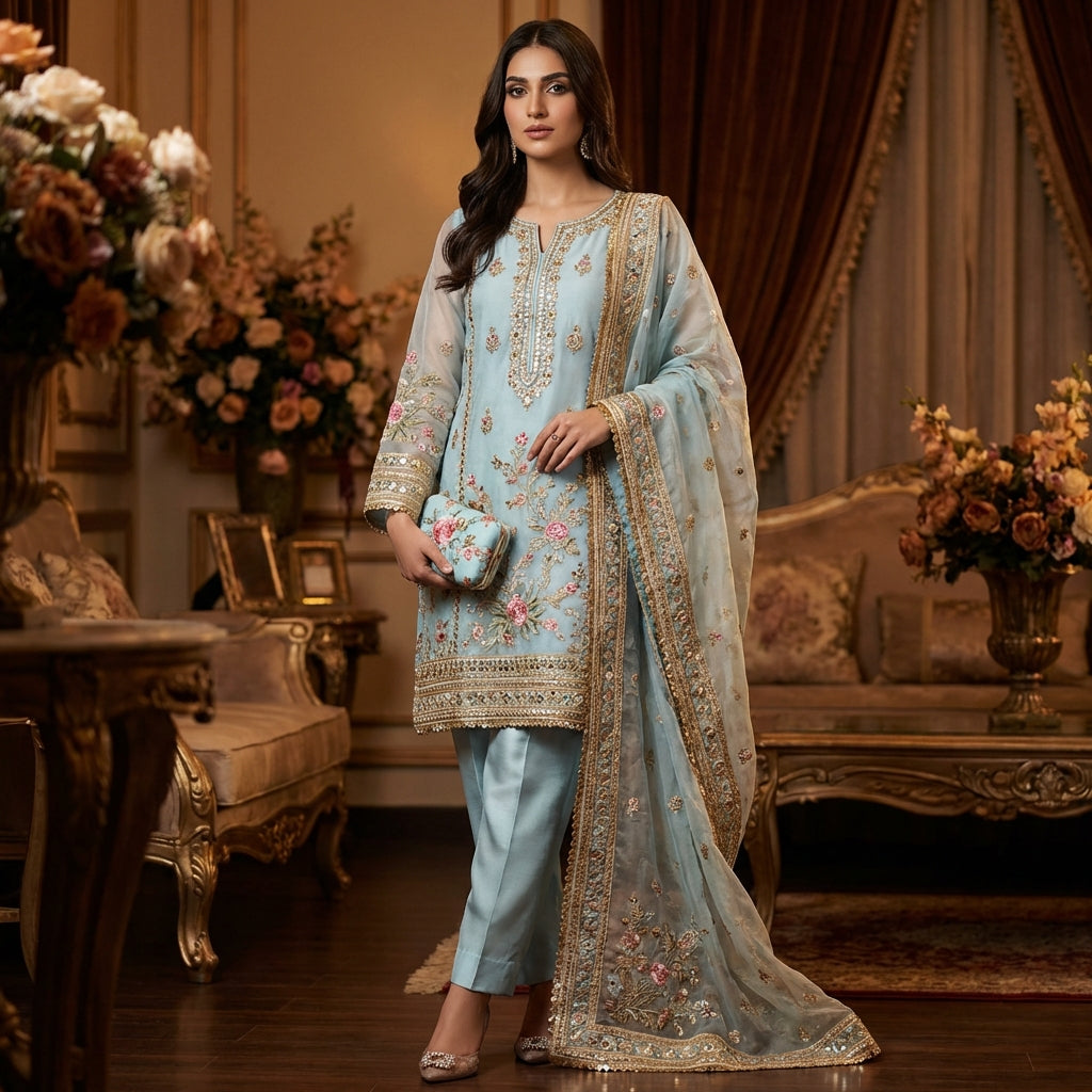 Design a vibrant lifestyle scene featuring the 'Maya By DR Organza' outfit worn by a poised model in a tastefully decorated, opulent indoor environment with warm, ambient lighting that enhances the fabric’s sheen. Capture a full-body shot with a slight ang