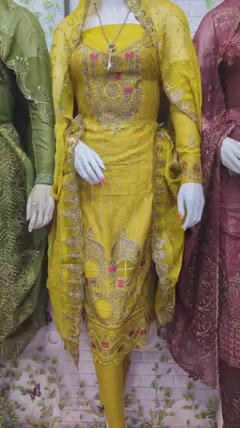 3-Piece Embroidered Suit with Sequin Work & Cutwork Chiffon Dupatta