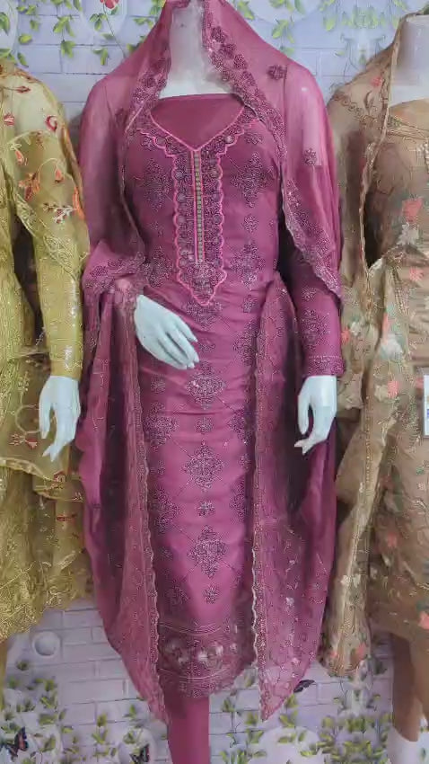 3-Piece Embroidered Suit with Sequin Work & Cutwork Chiffon Dupatta